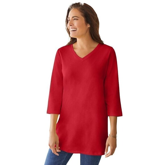Woman Within Tops - Woman Within Women's Plus Size Red Three-Quarter Sleeve V-Neck Cotton Tunic - 1X